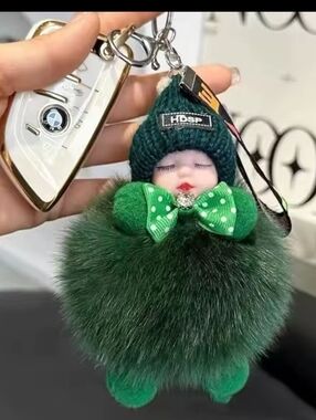 NWOT Green Fur Pom Doll Keychain with Knit Hat